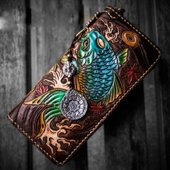 Handmade Leather Tooled Carp Mens Chain Biker Wallets Cool Leather Wallet Long Wallets for Men