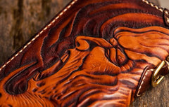 Handmade Leather Mens Tooled Buddha&Demon Chain Biker Wallet Cool Leather Wallet Long Clutch Wallets for Men