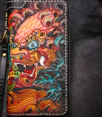 Handmade Leather Tooled Chinese Lion Mens Chain Biker Wallet Cool Leather Wallet Long Phone Wallets for Men