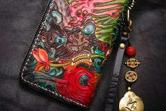 Handmade Leather Tooled Chinese Lion Mens Chain Biker Wallet Cool Leather Wallet Long Phone Wallets for Men