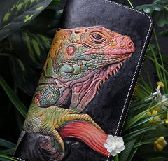 Handmade Leather Chameleon Mens Chain Zipper Biker Wallet Cool Leather Wallet Long Phone Wallets for Men