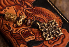 Handmade Leather Tooled Chinese Dragon Mens Chain Biker Wallet Cool Leather Wallet Zipper Long Phone Wallets for Men