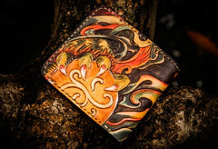 Handmade Leather Chinese Lion Tooled Mens Small Wallet Cool Leather Wallet billfold Wallet for Men