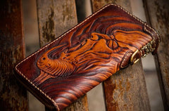 Handmade Leather Mens Tooled Buddha&Demon Chain Biker Wallet Cool Leather Wallet Long Clutch Wallets for Men