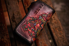 Handmade Leather Chinese Lion Mens Tooled Chain Biker Wallet Cool Long Leather Wallets With Chain Wallets for Men