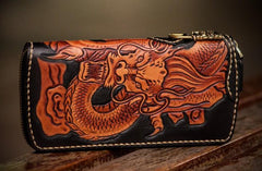 Handmade Leather Tooled Chinese Dragon Mens Chain Biker Wallet Cool Leather Wallet Zipper Long Phone Wallets for Men