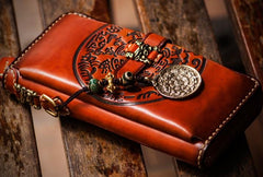 Handmade Leather Mens Tibetan Chain Biker Wallets Cool Leather Clutch Wallet Long Wallets for Men