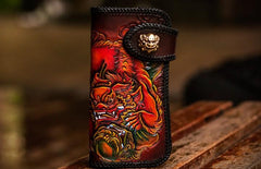 Handmade Leather Chinese Lion Mens Tooled Chain Biker Wallet Cool Long Leather Wallets With Chain Wallets for Men