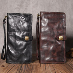 Cool Black Leather Mens Long Wallet Biker Wallet Chain Wallet Coffee Wristlet Clutch Wallet for Men