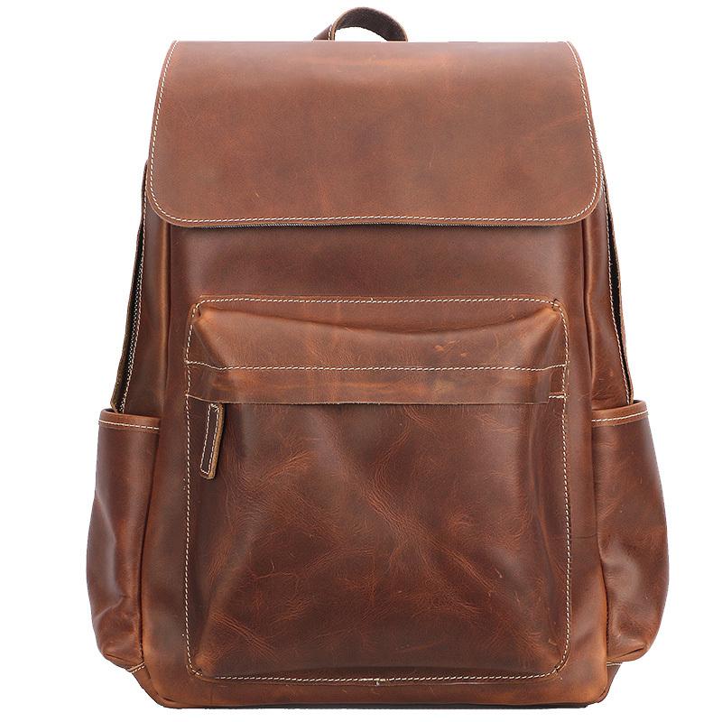 Cool Brown Leather Mens Travel Backpack Work 14'' School Backpack Work Backpack For Men