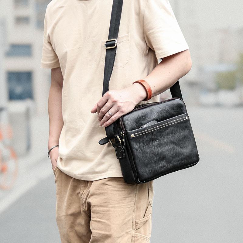 Black Leather Crossbody Bags for Men Small Messenger