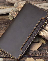 Vintage Leather Long Wallet for Men Bifold Coffee Wallet