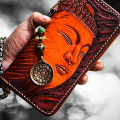 Handmade Leather Mens Tooled Buddha&Demon Chain Biker Wallet Cool Leather Wallet Long Clutch Wallets for Men