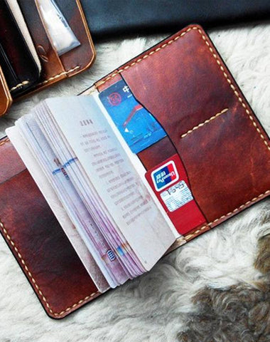 Handmade Leather Mens Small Passport Wallets billfold Travel Wallets for Men