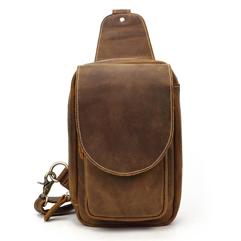 Leather Men's 8 inches Brown Sling Bag Chest Bag Dark Brown One Shoulder Backpack For Men