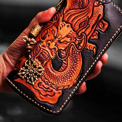 Handmade Leather Tooled Chinese Dragon Mens Chain Biker Wallet Cool Leather Wallet Zipper Long Phone Wallets for Men