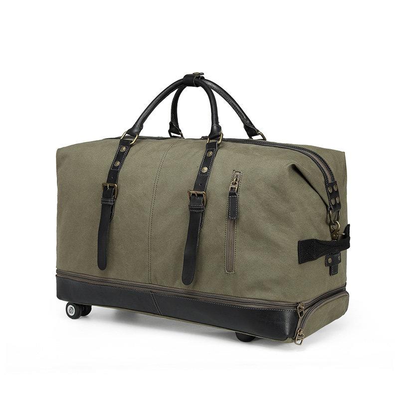 Leather and Canvas Overnight Travel Bag, Army Green