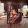 Brown Handmade Tooled Hannya Leather Mens Small Bifold Biker Wallet billfold Wallet For Men