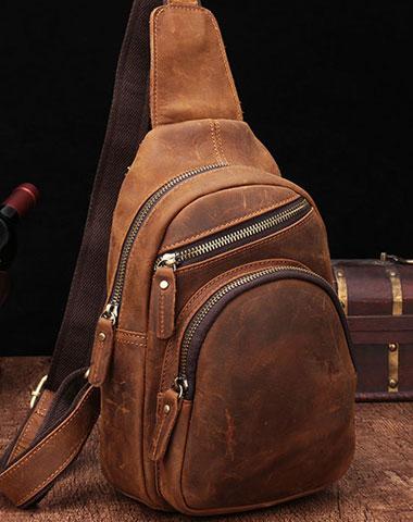 genuine leather sling bag for men​ Cool Vintage Brown Leather Chest Bag Sling Bags Crossbody Sling Bag One Shoulder Backpack For Men