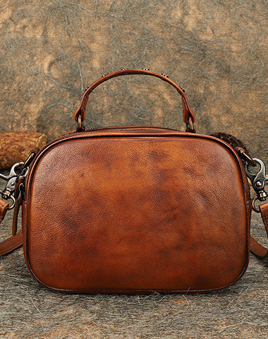 Ladies Leather Circle Bag with Hand-Drawn Squirrel Side Bags for Women, Brown