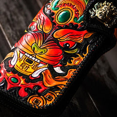 Handmade Leather Monster Mens Chain Biker Wallets Cool Tooled Leather Wallet Long Wallets for Men