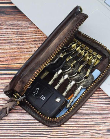 Vintage Mens Leather Key Wallet Zipper Key Holder Coin Wallet Change Pouch for Men Black