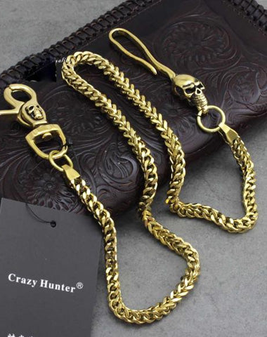 Badass Mens Gold Brass Skull Wallet Chain Long Pants Chain Biker Wallet Chain For Men