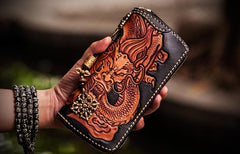 Handmade Leather Tooled Chinese Dragon Mens Chain Biker Wallet Cool Leather Wallet Zipper Long Phone Wallets for Men