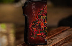 Handmade Leather Chinese Lion Mens Tooled Chain Biker Wallet Cool Long Leather Wallets With Chain Wallets for Men