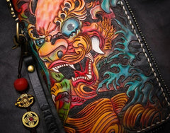 Handmade Leather Tooled Chinese Lion Mens Chain Biker Wallet Cool Leather Wallet Long Phone Wallets for Men