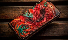 Handmade Leather Tooled Carp Mens Chain Biker Wallets Cool Leather Wallet Long Wallets for Men