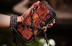 Handmade Leather Tooled Chinese Dragon Mens Chain Biker Wallet Cool Leather Wallet Zipper Long Phone Wallets for Men