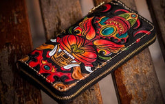 Handmade Leather Tooled Chinese Monster Mens Chain Biker Wallet Cool Leather Wallet Zipper Long Phone Wallets for Men