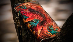 Handmade Leather Tooled Carp Mens Chain Biker Wallets Cool Leather Wallet Long Wallets for Men