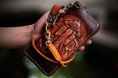 Handmade Leather Tooled Ganesh Mens Chain Biker Wallets Cool Leather Wallet Zipper Long Wallets for Men