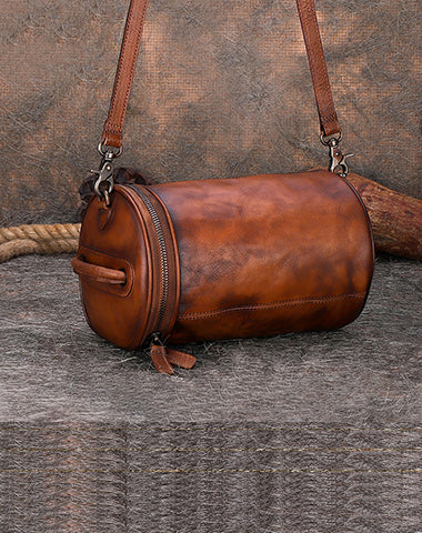 Vintage Brown Leather Womens Barrel Shoulder Bag Bucket Crossbody Purs