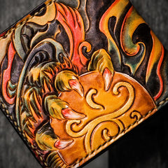 Handmade Leather Chinese Lion Tooled Mens Small Wallet Cool Leather Wallet billfold Wallet for Men