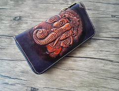 Handmade Leather Ganesha Tooled Mens Long Wallet Cool Leather Wallet Clutch Wallet for Men