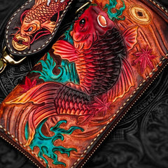 Handmade Leather Tooled Carp Mens Chain Biker Wallets Cool Leather Wallet Long Wallets for Men