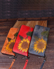 Handmade Sunflower Leather Wristlet Wallet Womens Zip Around Wallets Sunflower Ladies Zipper Clutch Wallet for Women