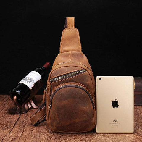 genuine leather sling bag for men​ Cool Vintage Brown Leather Chest Bag Sling Bags Crossbody Sling Bag One Shoulder Backpack For Men