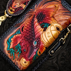 Handmade Leather Tooled Carp Mens Chain Biker Wallet Cool Leather Wallet Long Phone Wallets for Men