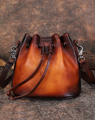 Vintage Womens Brown Leather Bucket Bag Crossbody Bags for Women, Brown