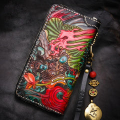 Handmade Leather Tooled Chinese Lion Mens Chain Biker Wallet Cool Leather Wallet Long Phone Wallets for Men