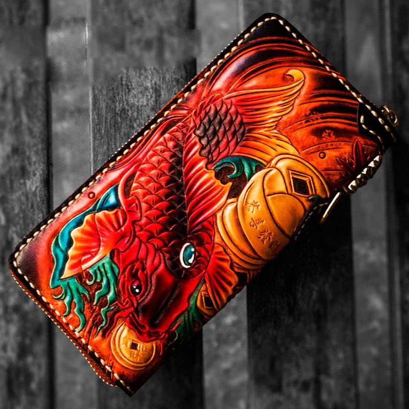 Handmade Leather Tooled Carp Mens Chain Biker Wallets Cool Leather Wallet Long Wallets for Men