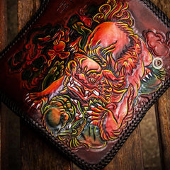 Handmade Leather Chinese Lion Mens Tooled Chain Biker Wallet Cool Long Leather Wallets With Chain Wallets for Men