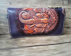 Handmade Leather Ganesha Tooled Mens Long Wallet Cool Leather Wallet Clutch Wallet for Men