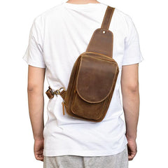 Leather Men's 8 inches Brown Sling Bag Chest Bag Dark Brown One Shoulder Backpack For Men