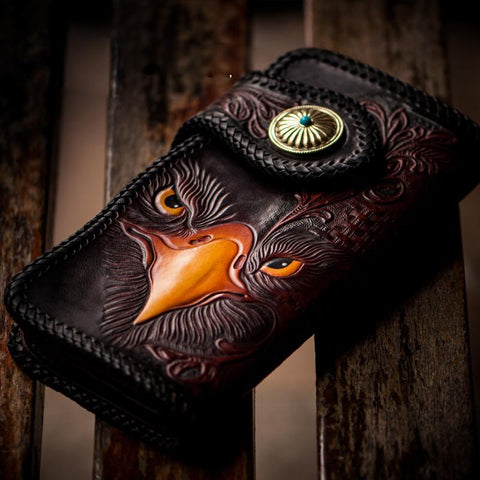 Cool Leather Wallet With Chain Wallet for Men Tooled Leather Wallet Eagle Biker Chain Wallets