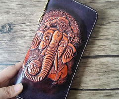 Handmade Leather Ganesha Tooled Mens Long Wallet Cool Leather Wallet Clutch Wallet for Men